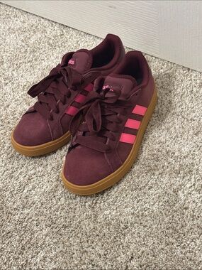 adidas Women's Burgundy Suede Sneakers with Pink Stripes and Gum Sole US 10